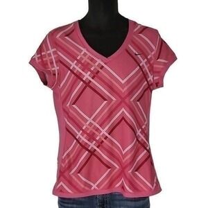 Nike Golf Fit Dry Womens L V-Neck T-Shirt Pink Geometric Plaid Short Sleeve Top